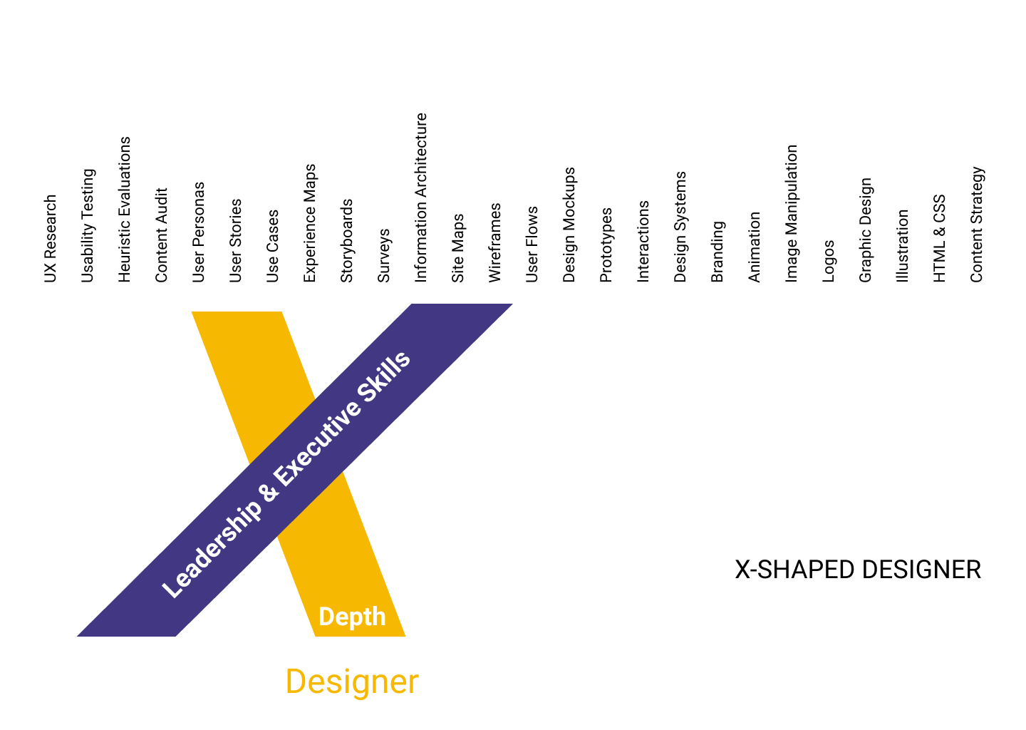 An X-shaped designer is someone with depth in an area like user personas and also has leadership and executive skills.